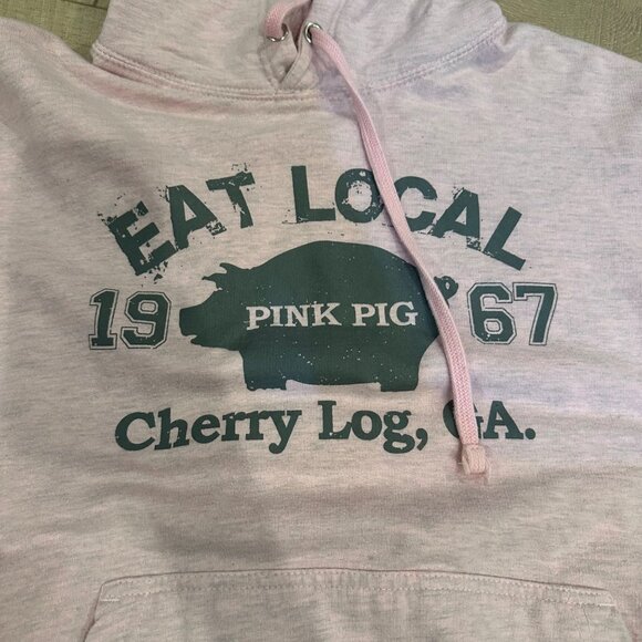 JUSTHOODS HEATHER PINK SMALL EAT LOCAL PINK PIG CHERRY LOG HOODIE - Picture 5 of 8